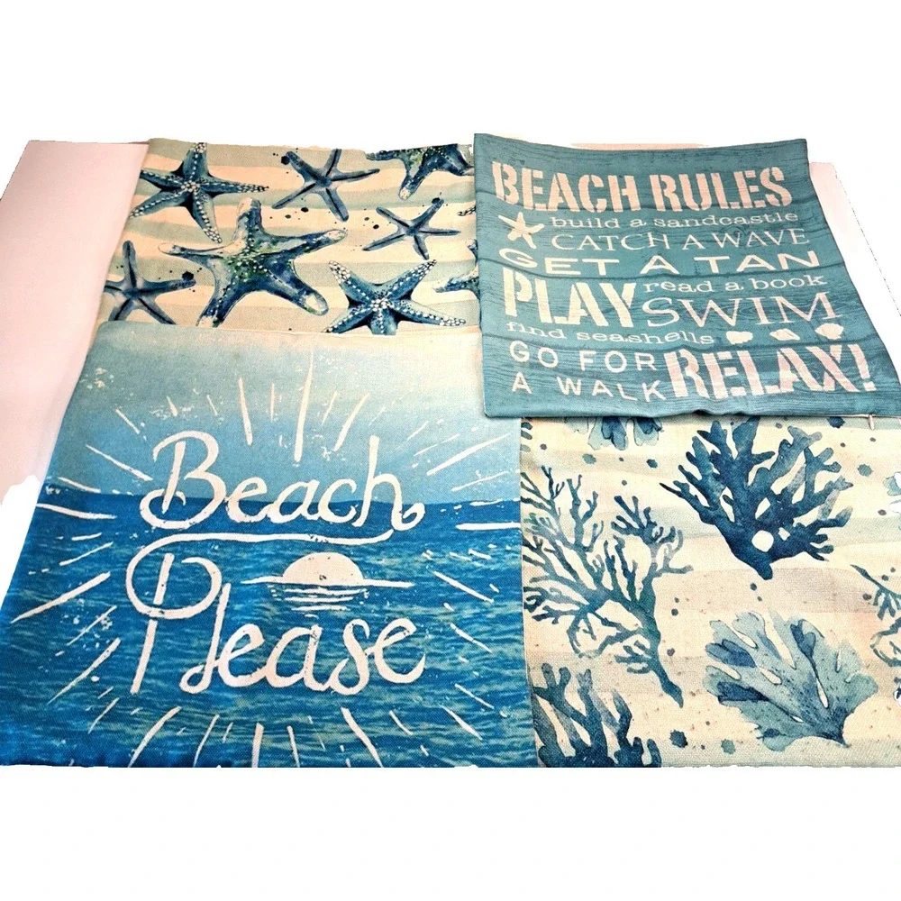 4 Beach Themed Pillow Covers / Cases Summer Vibes Coastal Decor 17x17